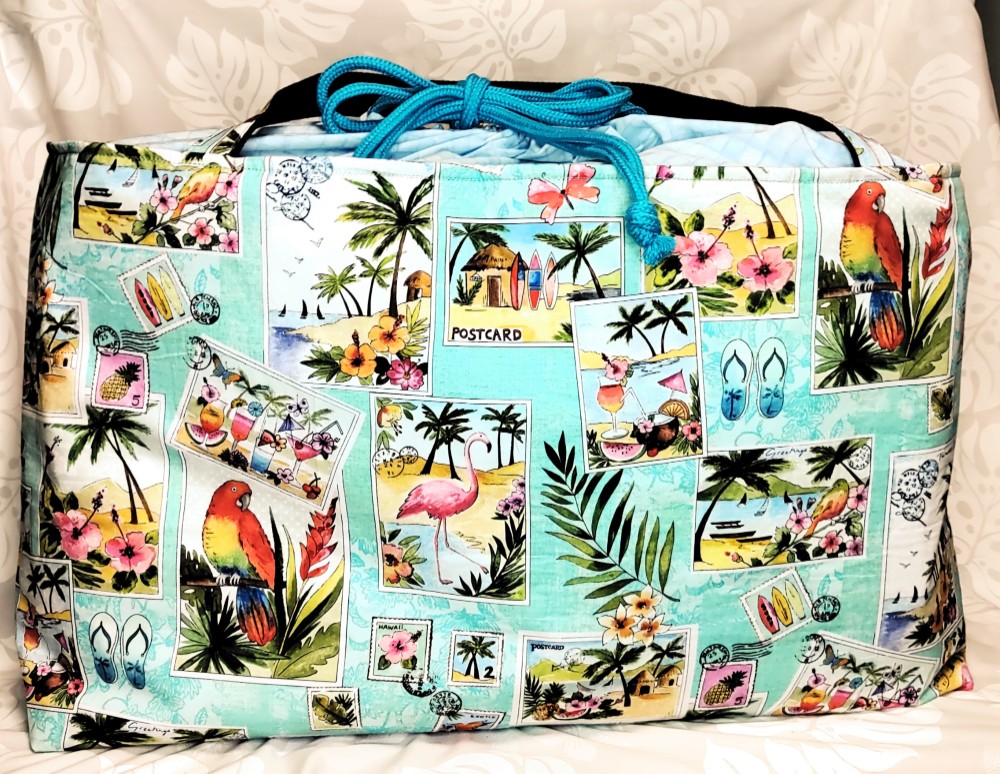 ハワイアン底切替巾着型ビックトートマイケルミラー生地ブルー系南の島フラミンゴ・オウム柄