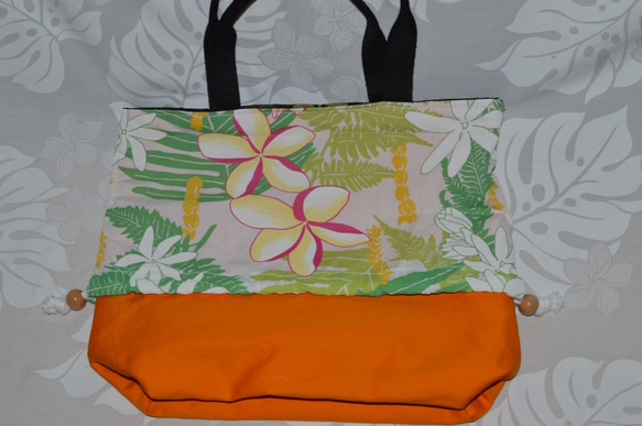 ハワイ生地巾着付トートバックブラック(レフア柄)＆オレンジ(内側) 6枚目の画像