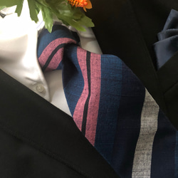 福島会津木綿ネクタイ　青にピンク色太縞 2枚目の画像