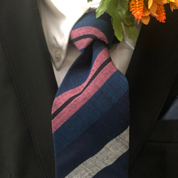 福島会津木綿ネクタイ　青にピンク色太縞 3枚目の画像