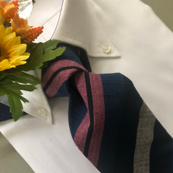 福島会津木綿ネクタイ　青にピンク色太縞 4枚目の画像