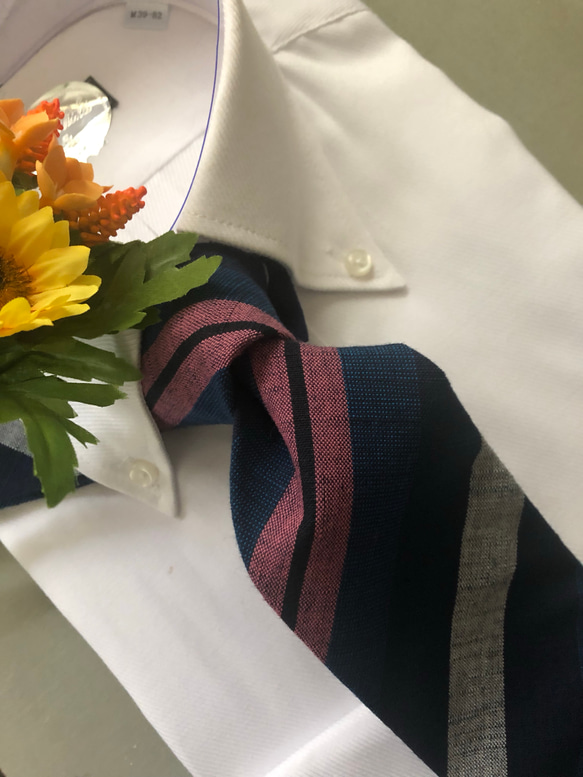 福島会津木綿ネクタイ　青にピンク色太縞 4枚目の画像