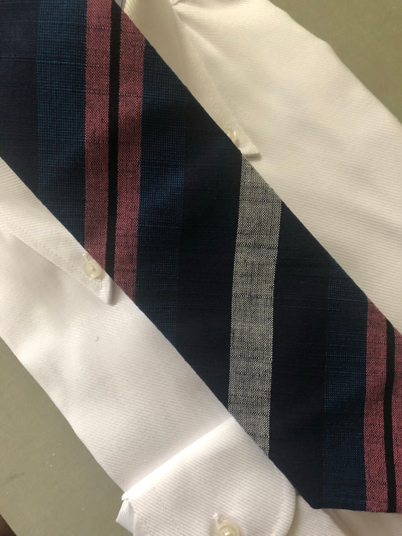 福島会津木綿ネクタイ　青にピンク色太縞 5枚目の画像