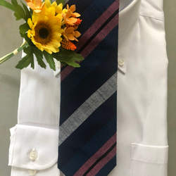 福島会津木綿ネクタイ　青にピンク色太縞 6枚目の画像