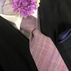 四百年の伝統織会津木綿ネクタイ　御薬園の藤の花色(やたら紫×ベイジュ) 1枚目の画像