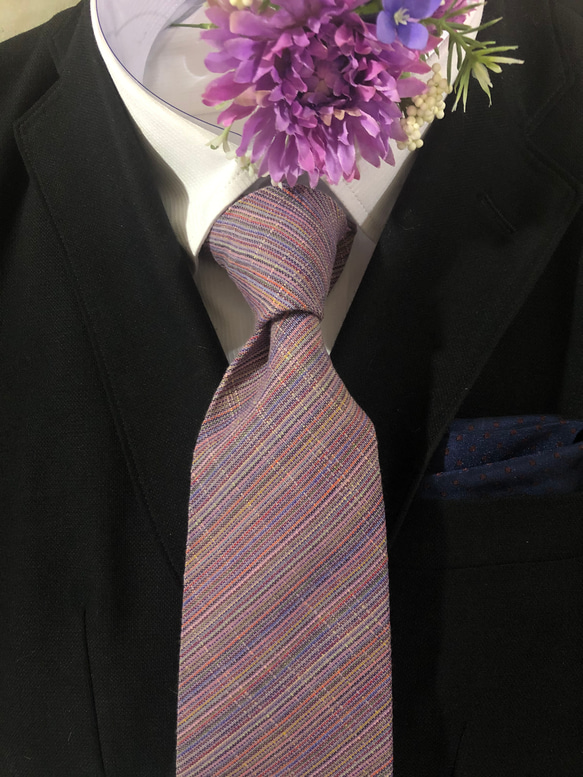 四百年の伝統織会津木綿ネクタイ　御薬園の藤の花色(やたら紫×ベイジュ) 2枚目の画像