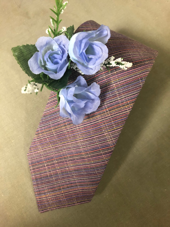 四百年の伝統織会津木綿ネクタイ　御薬園の藤の花色(やたら紫×ベイジュ) 4枚目の画像