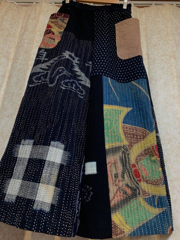 手作り　綿　古布　幟旗　絵絣　藍　刺し子　パンツ 1枚目の画像