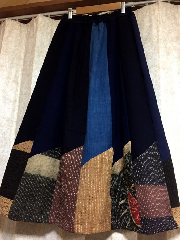 手作り　綿　藍　刺し子　１２枚ハギスカート 1枚目の画像