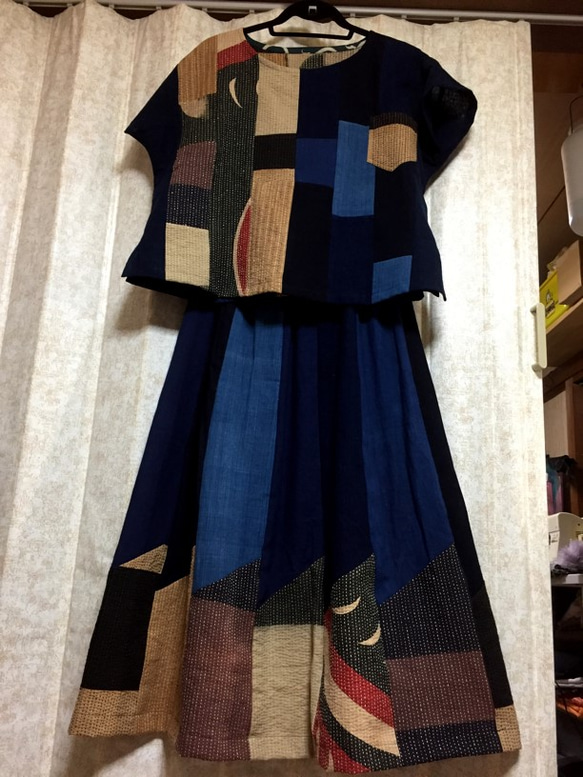 手作り　綿　藍　刺し子　１２枚ハギスカート 6枚目の画像