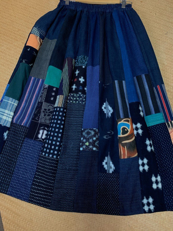 型染め藍染古布 ぱくつき パッチワーク フレアロングスカート ハンドメイド