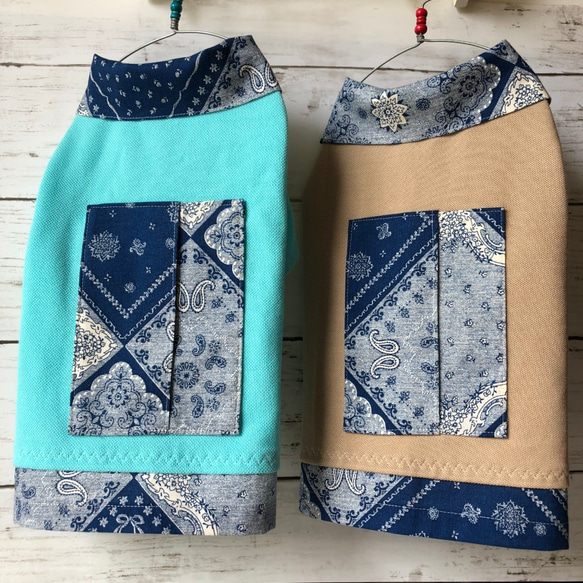 ティッシュ・保冷剤ポケット付き☆バンダナカラーポロシャツ（オーシャン×ミントブルー） 4枚目の画像