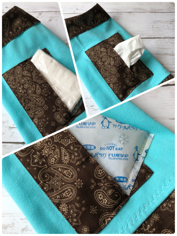 ティッシュ・保冷剤ポケット付き☆バンダナカラーポロシャツ（チョコ×ミントブルー） 2枚目の画像