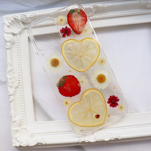 押し花 ハートレモン iPhoneケース ハンドメイド 大人可愛い