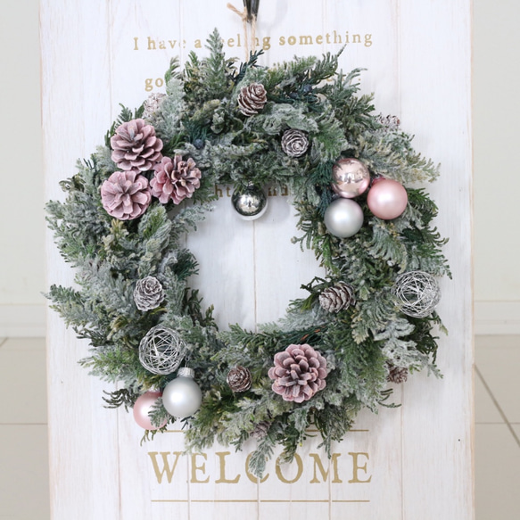 再販16」シルバー＊ピンクの粉雪クリスマスリース（L）クリスマス 
