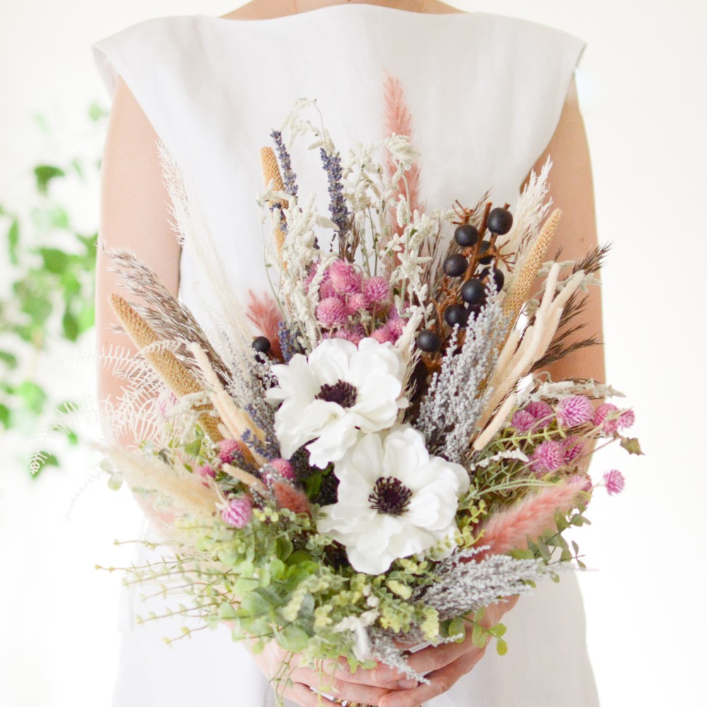 アネモネと千日紅のドライフラワーブーケ（造花/ドライフラワー）