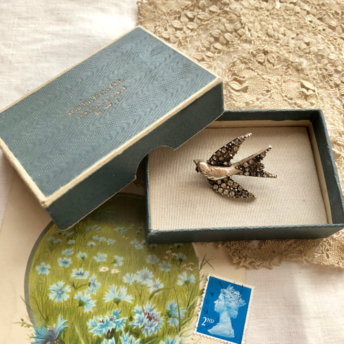 英国アンティーク 宝飾店のジュエリーボックス ブルー＆ゴールド刻印