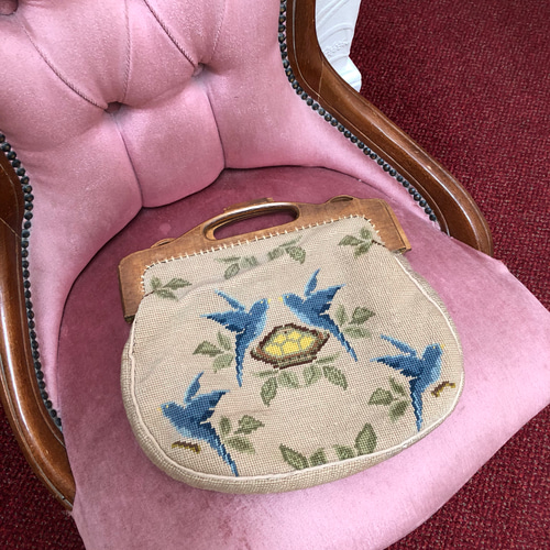 英国で出会った♪ アンティーク 総刺繍の青い鳥のハンドバッグ 