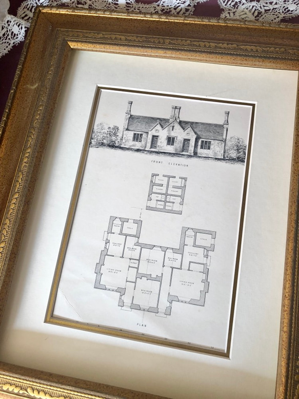 英国アンティークプリント　専門店で額装済み 英国で出会った♪ 19世紀 アンティークプリント 2枚セット 英国住宅