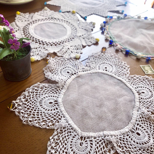 イギリスVintage 薔薇モチーフ クロッシェ編みレース クロス