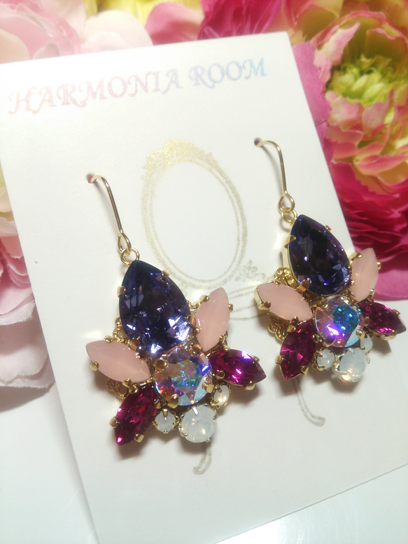 華やかビジューピアス～パープル×ピンク～