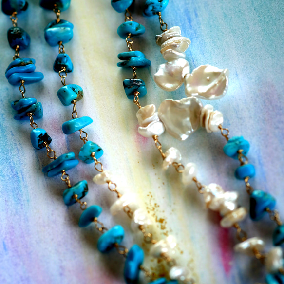 鮮やかで美しいブルーの首飾り～ターコイズ×パールのロングネックレス 5枚目の画像