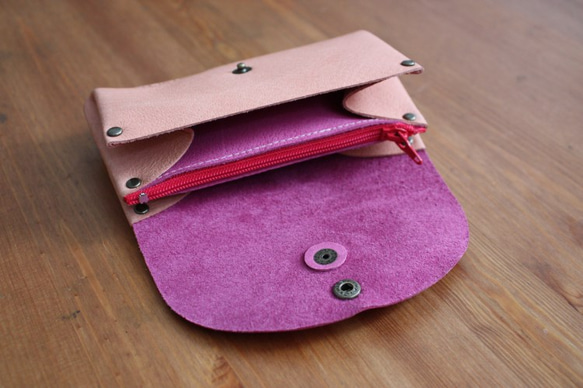 【再販です！】ピッグスキンの小さなお財布　アプリコット×ピンク 3枚目の画像