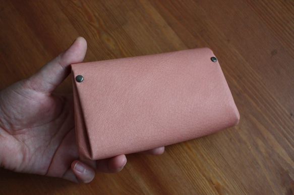 【再販です！】ピッグスキンの小さなお財布　アプリコット×ピンク 5枚目の画像