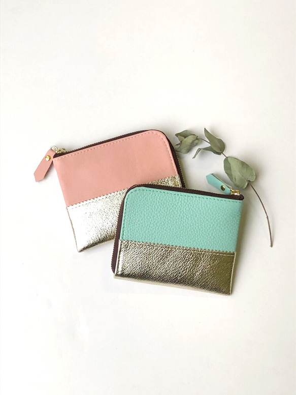 【バイカラー】本革のスリムなミニ財布　ミントグリーン×ライトゴールド 1枚目の画像