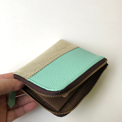 【バイカラー】本革のスリムなミニ財布　ミントグリーン×ライトゴールド 3枚目の画像