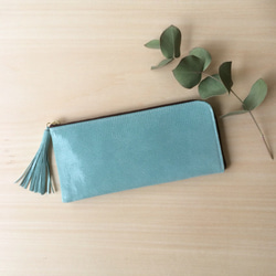 ピッグスキンのスリムな長財布　Ｌ字型　ミントブルー　受注製作 2枚目の画像