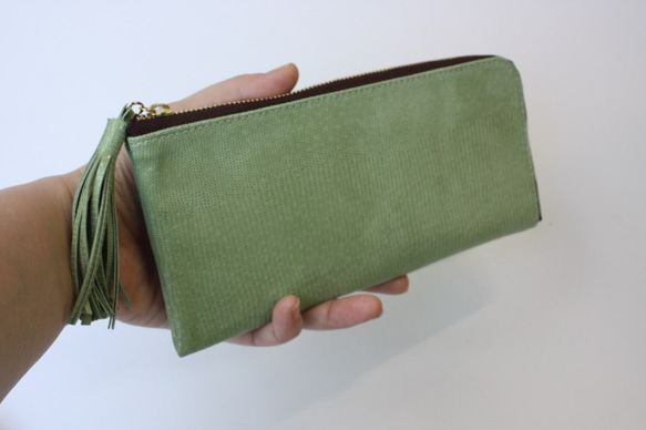 ピッグスキンのスリムな長財布　Ｌ字型　ライムグリーン　受注製作 7枚目の画像