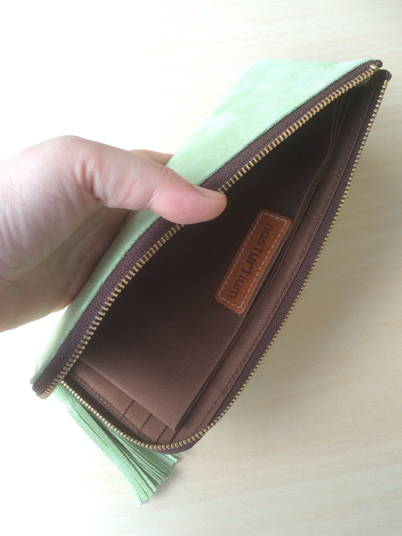 ピッグスキンのスリムな長財布　Ｌ字型　ライムグリーン　受注製作 2枚目の画像