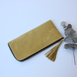 ピッグスキンのスリムな長財布　Ｌ字型　イエロー　　受注製作 6枚目の画像
