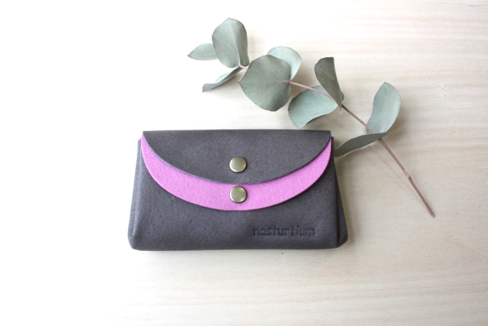 ピッグスキンの小さなお財布　グレー×ピンク