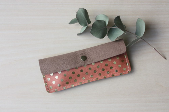 ピッグスキンのペンケース　みずたまピンク×ライトグレージュ 1枚目の画像