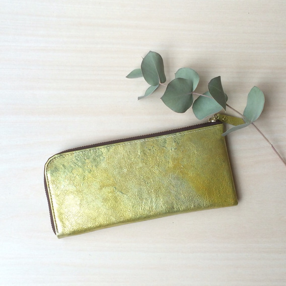 【数量限定】ゴートレザーのスリムな長財布　Ｌ字型　イエローGOLD 1枚目の画像