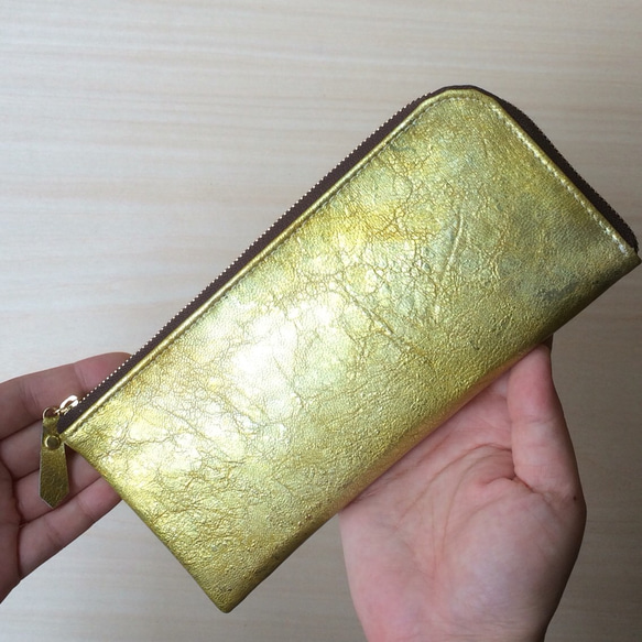 【数量限定】ゴートレザーのスリムな長財布　Ｌ字型　イエローGOLD 3枚目の画像