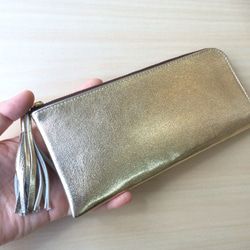 ゴートレザーのスリムな長財布　Ｌ字型　ライトゴールド 2枚目の画像