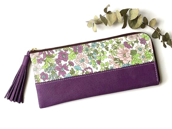 リバティープリント×本革のＬ字型　長財布　バイオレット 10,296円
