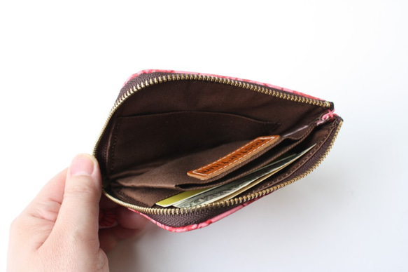 ピッグスキンのスリムなミニ財布　フラワー　チェリーピンク 6枚目の画像