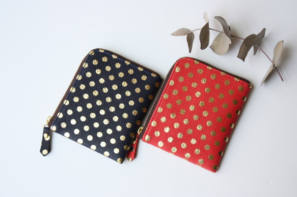 【セミオーダーできます】ピッグスキンのスリムなミニ財布　みずたまネイビー 10枚目の画像