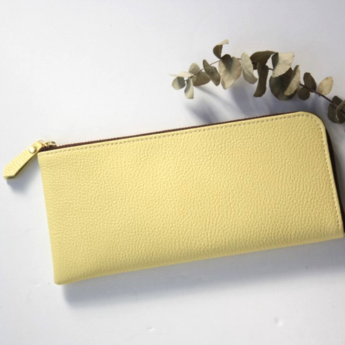 レモンイエロー】牛本革のスリムな長財布 シュリンク 長財布