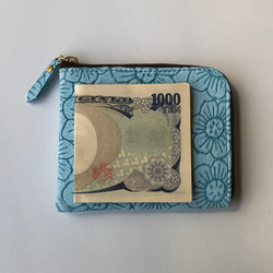 ピッグスキンのスリムなミニ財布　フラワー　アクアブルー 5枚目の画像