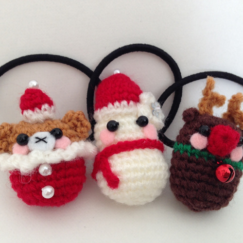 クリスマス くまサンタ 雪だるま トナカイ あみぐるみ ヘアゴム 子ども