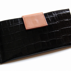 スマート長財布（クロコ型押しエナメルブラック） 1枚目の画像