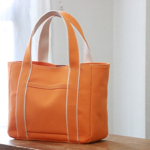 ブラウン トートバッグ オレンジ内部 鞄工房 香」横長トートバック