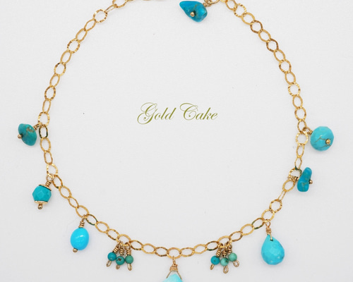 14kgfスリーピングビューティーターコイズブレスレット 天然石のチェーンブレスレット □ 14KGF SAZARE □ スリーピング