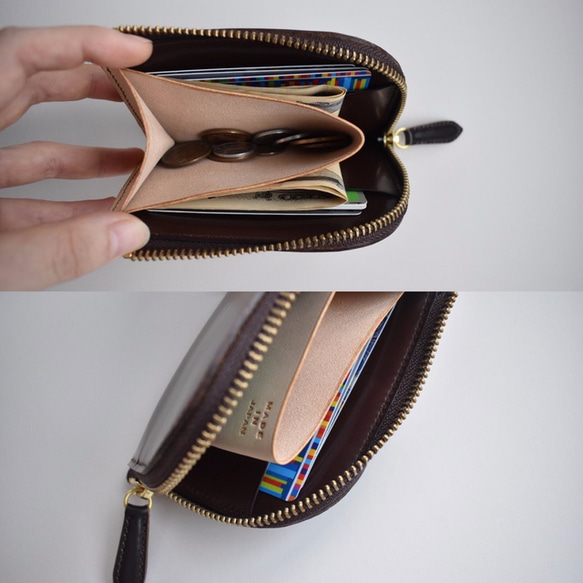 きちんと仕分けてコンパクトなお財布  イタリアンレザー 総手縫い 5枚目の画像