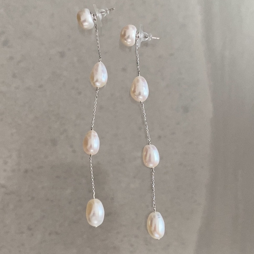 silver925 縦長 バロックパール ４連 ロング ピアス イヤリング